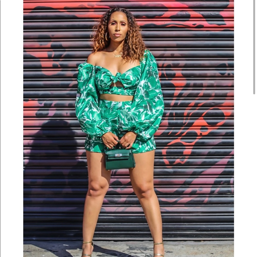 Green and white floral print two piece set